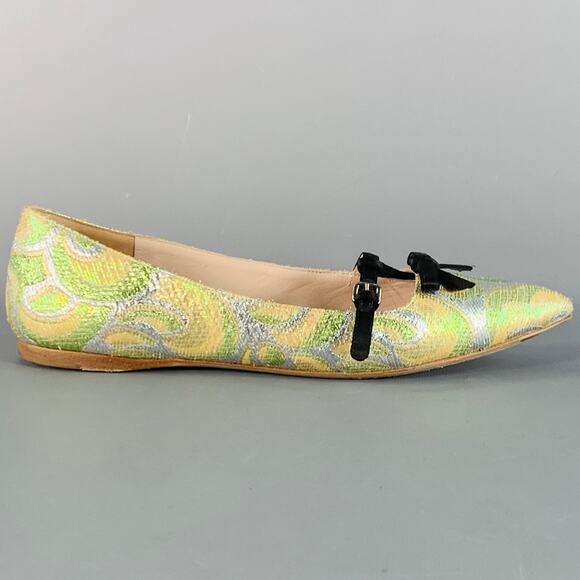 MIU MIU Size 8.5 Green Silver Paisley Textured Pointed Toe Bow Flats - Picture 2 of 8